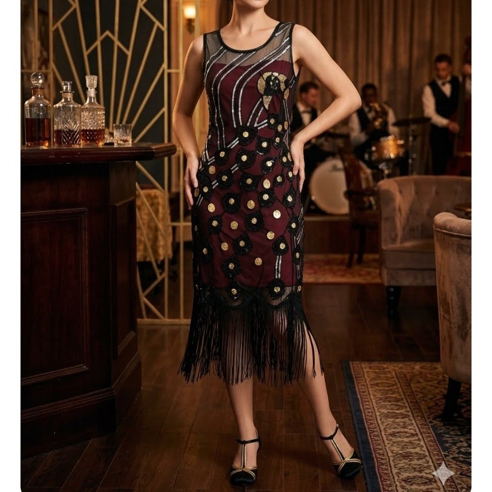 Babeyond Flapper Dress Women Medium Burgundy Sequin Peacock Fringe Gatsby Style